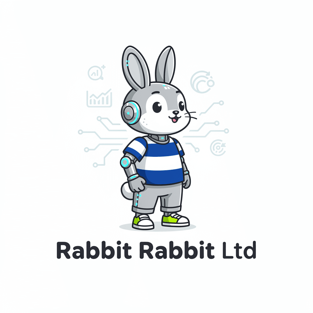 Rabbit Rabbit Ltd: the Rabbit Rabbit mascot in a blue and white striped shirt