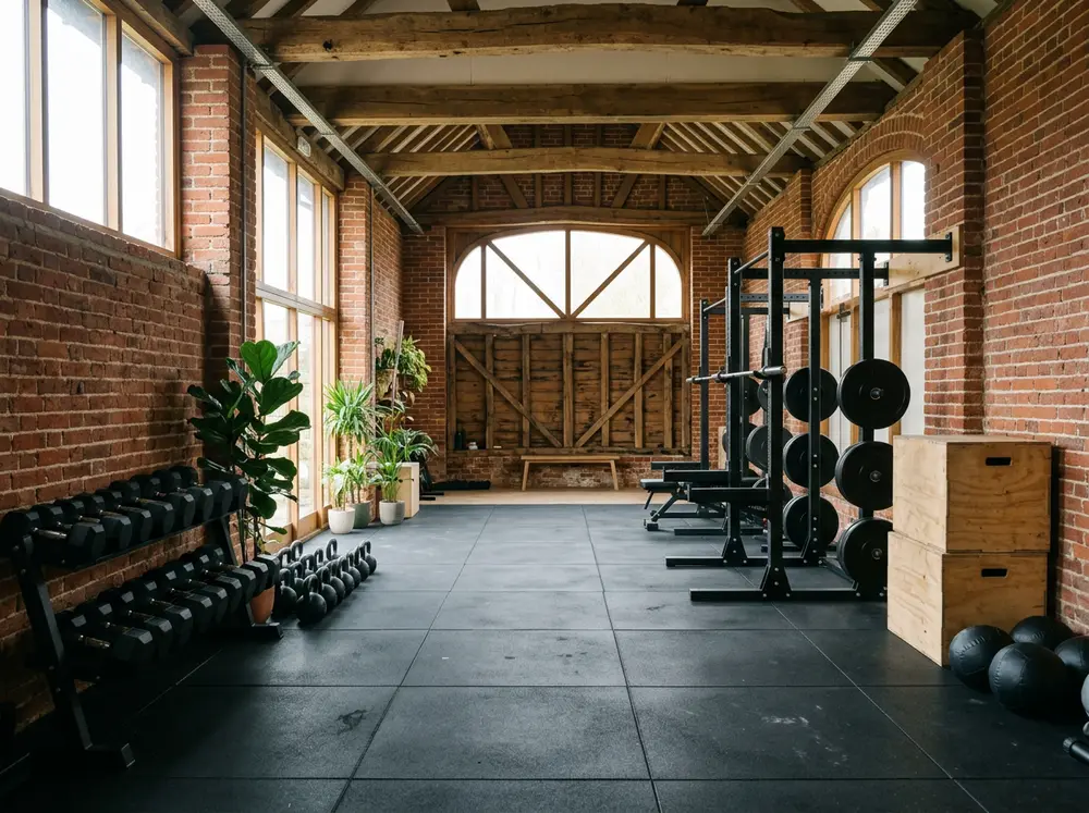 Inside Pellmore Gym: a bright brick barn with dumbbells, kettlebells and squat racks on a black rubber floor