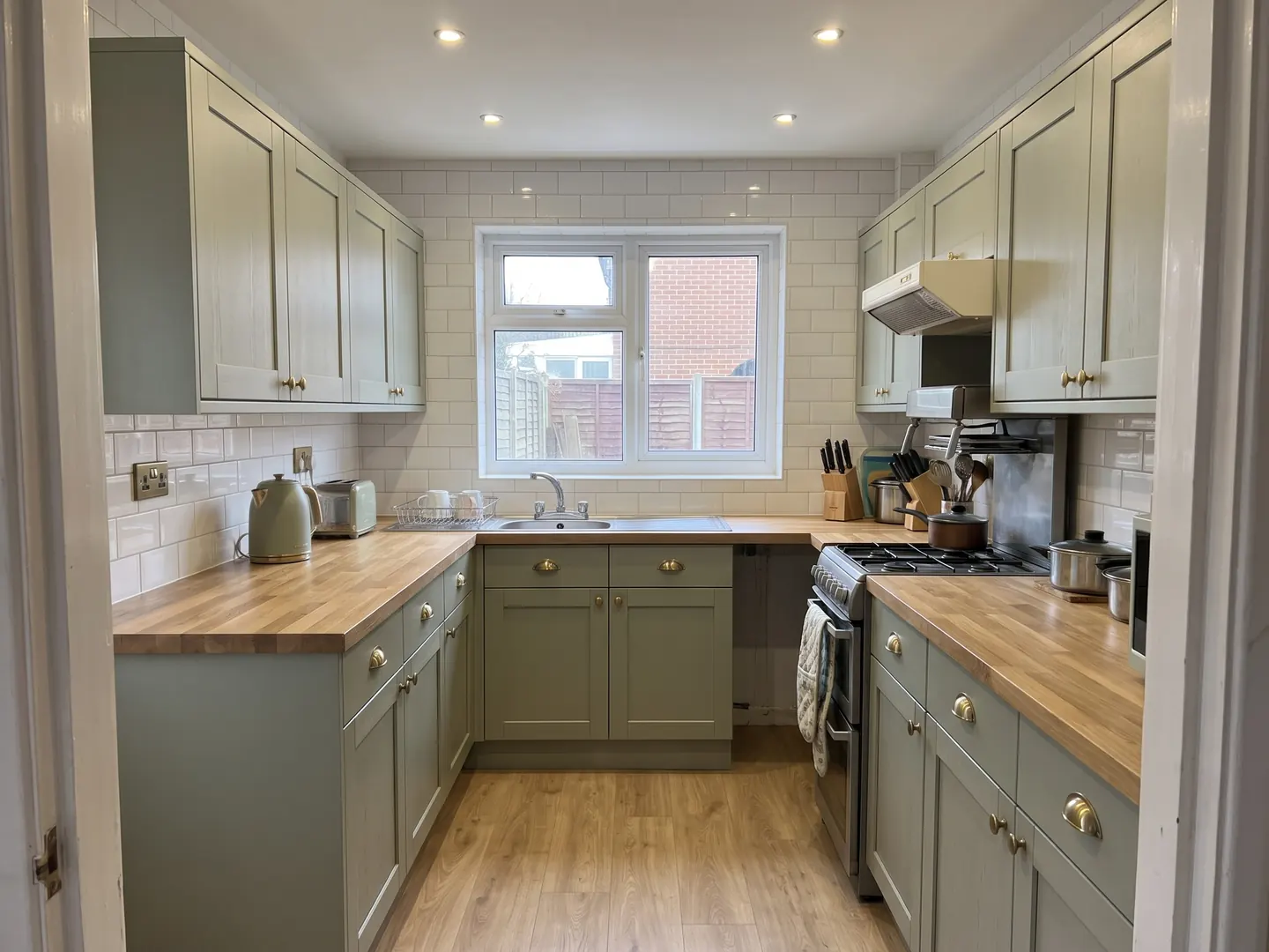 A semi in Great Notley: the same kitchen with sage green shaker cupboards, oak worktops and white metro tiles